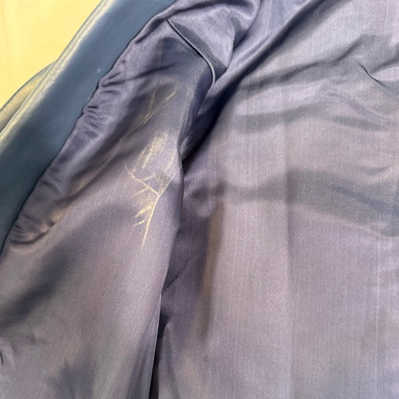 90s Slate Blue Genuine Leather Blazer | Vintage Deep Navy Power Jacket Size 8 - Picture 7 of 11